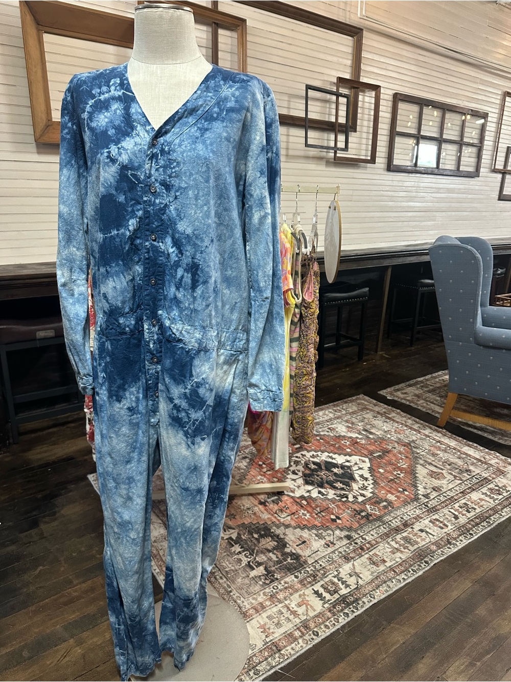 Seeker Blue Tie-Dye Button-Front Jumpsuit L
